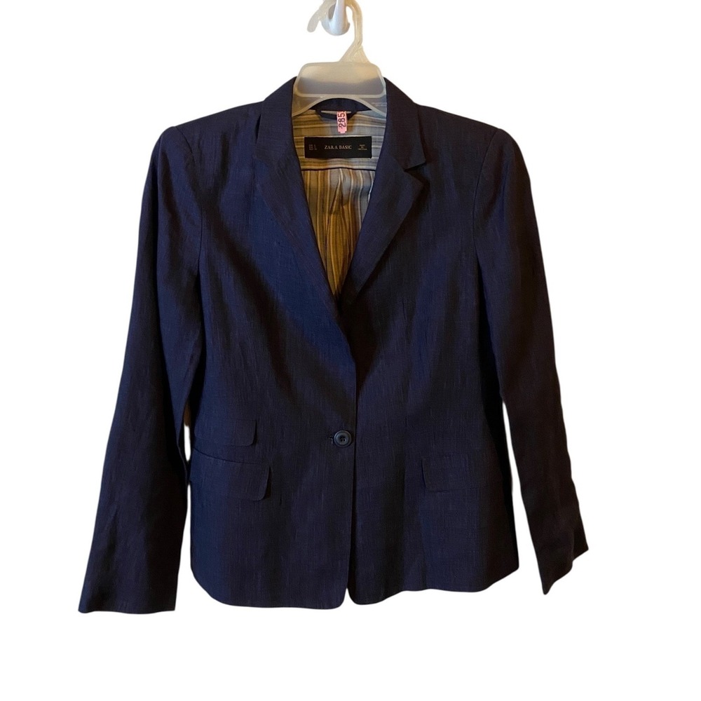 Zara Basic Womens Navy Blue 100% Linen Single Button Blazer Jacket Size Large